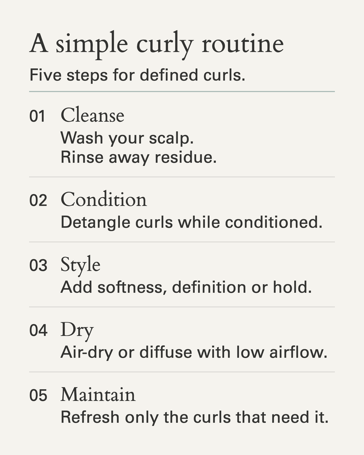 Five-step curly-hair routine: cleanse the scalp, condition and detangle, style for softness, definition or hold, air-dry or diffuse, and refresh only the curls that need it.