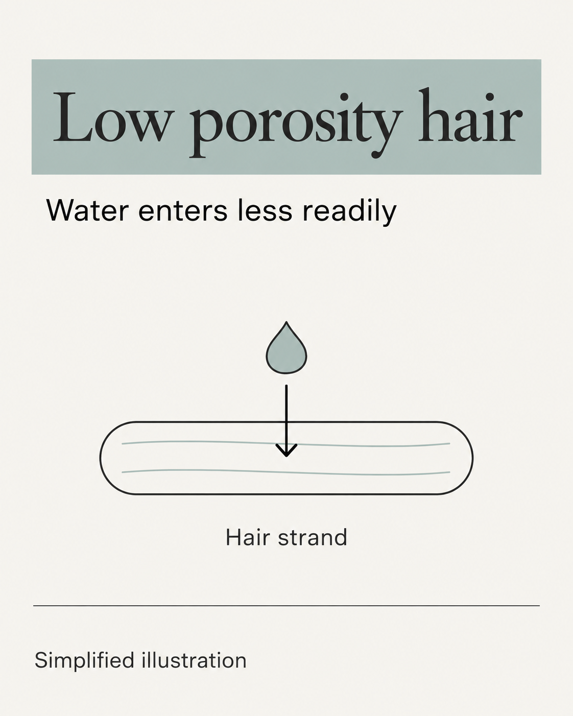 Illustration of low-porosity hair, with a water droplet and an arrow showing water entering the strand less readily.