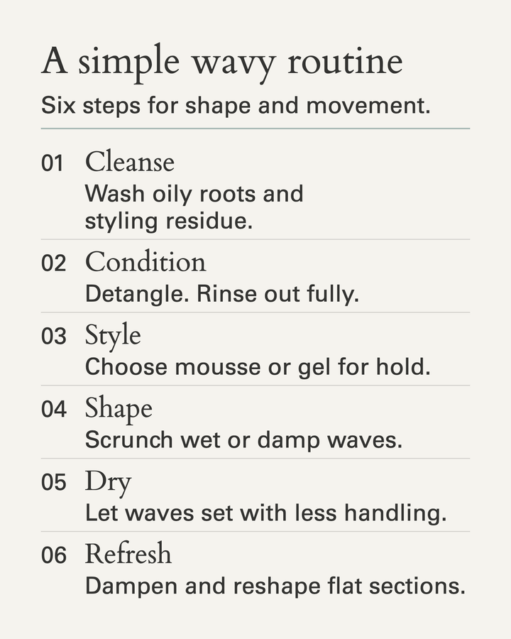 Six-step wavy-hair routine: cleanse oily roots and residue, condition and rinse, choose mousse or gel, scrunch waves, let them dry with less handling, then dampen and reshape flat sections.